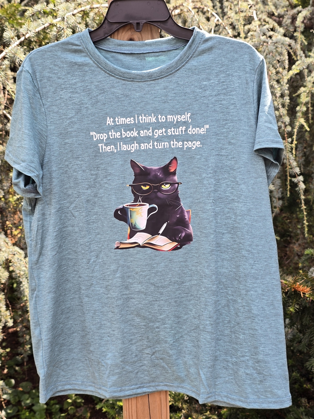 Cute Blue Cat Graphic Tee with Book & Coffee Illustration